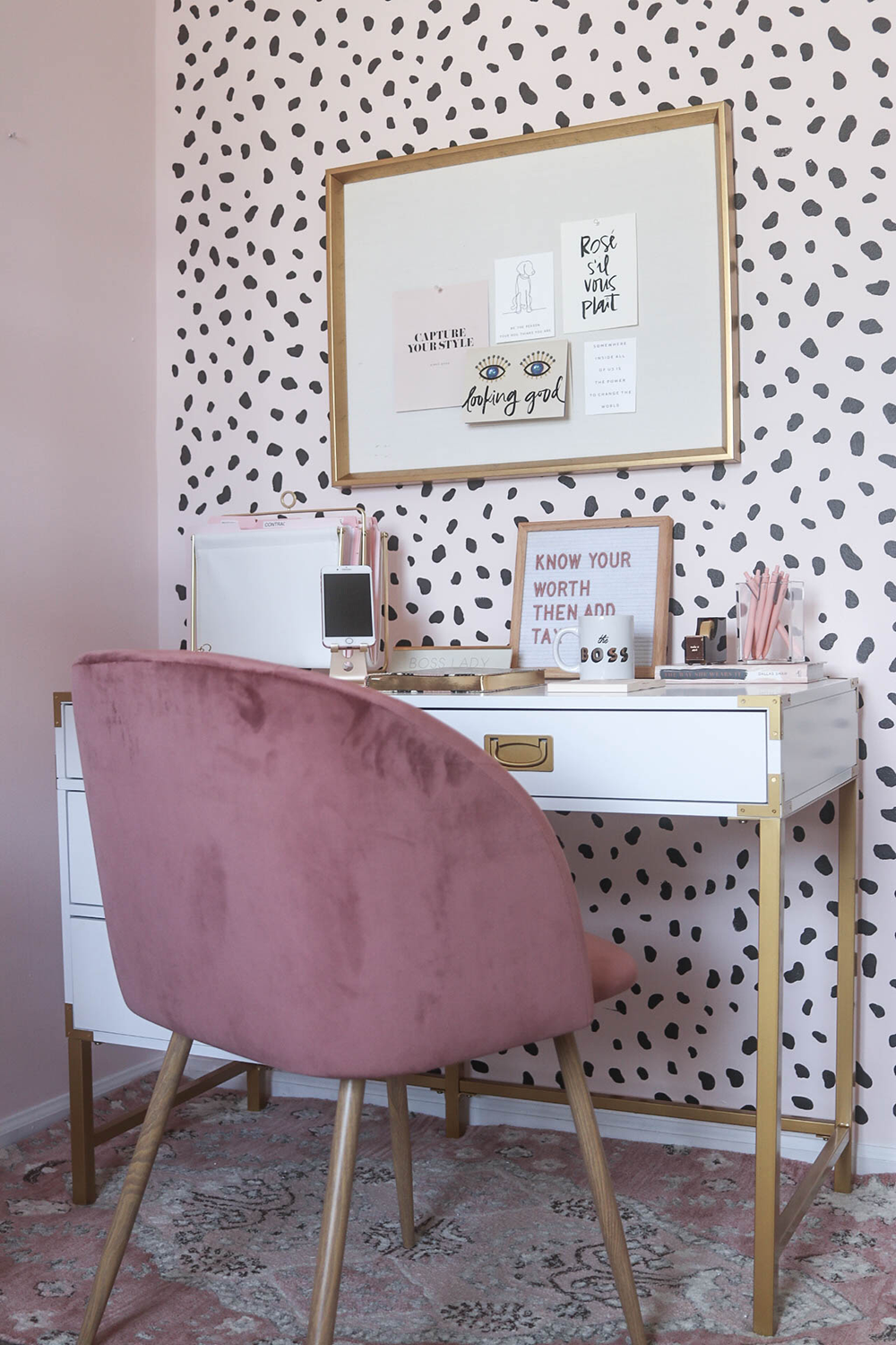 Blogger Office, Neutral Office, Blush Office, Blush Home Decor, Blush Blogger Office, Spotted Walls, Spotted Wall Stencil, Velvet Chair, Velvet Office Chair, White and Gold Desk, Campaign Desk
