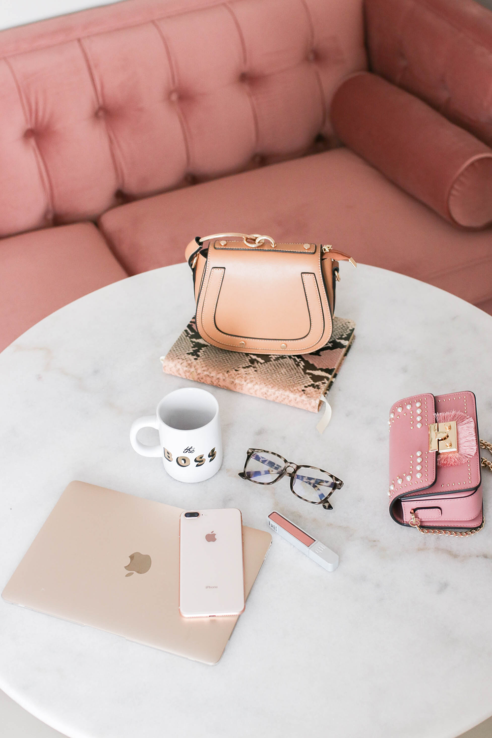 Blogger Office, Pink Velvet Sofa, Marble Table, Marble Office Table, Glam Office, Pink and Gold Office