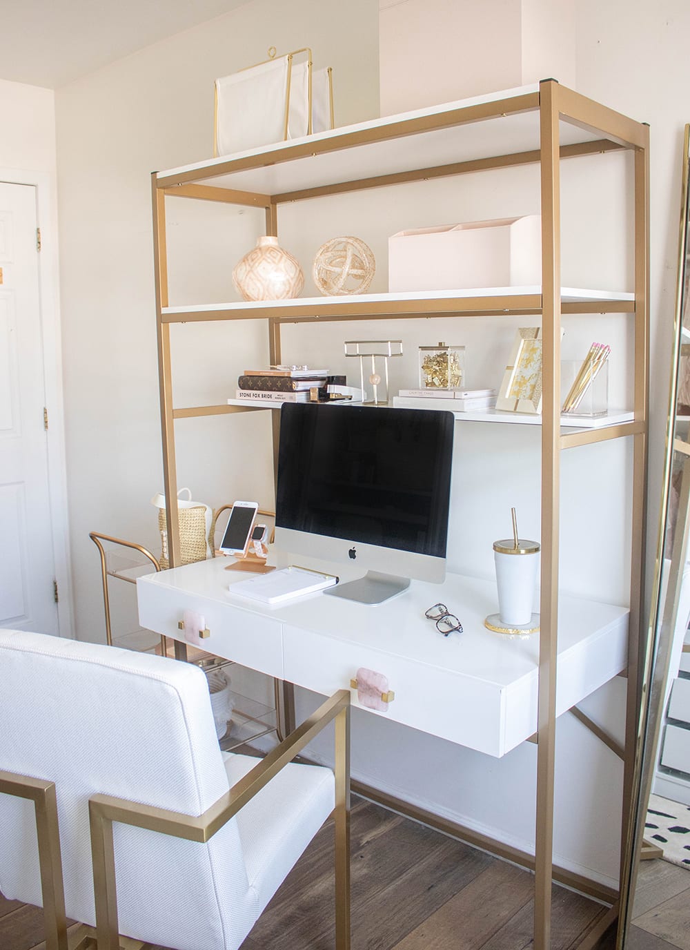 White and gold desk deals with shelves