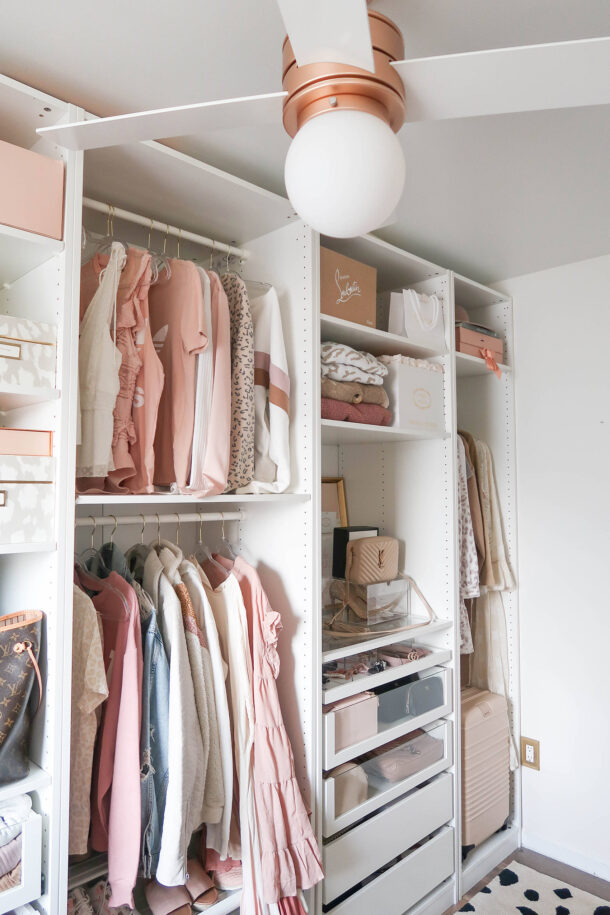 Closet, Cloffice, Rose Gold Ceiling Fan, Closet Organization