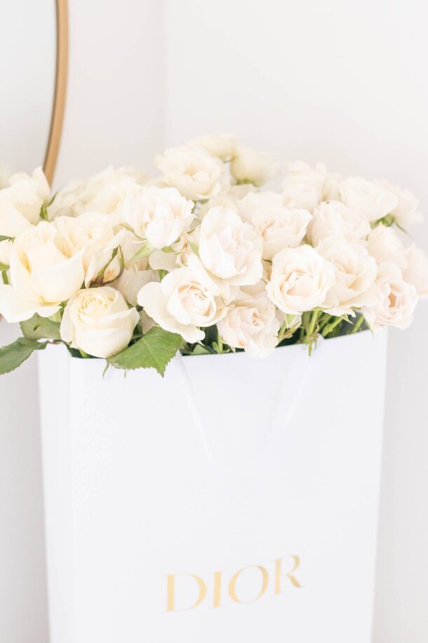 Designer Flower Arrangements, Flowers in Shopping Bags, Dior Floral, Dior Flowers