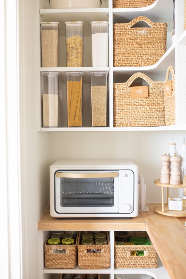 Pantry Organization, Pantry, Pantry Tour, Kitchen Organization, Pantry Kitchen, Beautiful by Drew Barrymore, Drew Barrymore Appliances, Walmart Kitchen Appliances, White and Gold Appliances, Pantry Storage Baskets