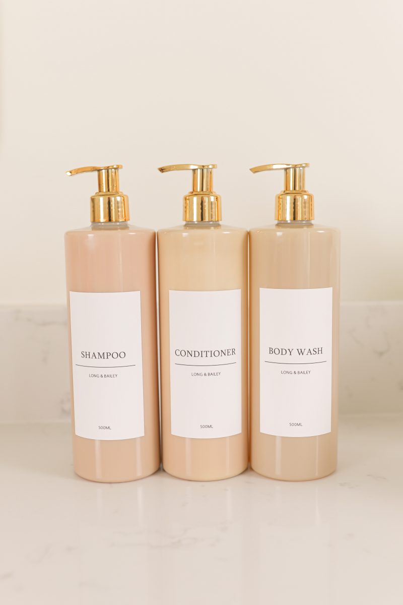 Neutral bathroom decor, refillable shampoo bottles, refillable bathroom bottles, gold and beige bathroom bottles